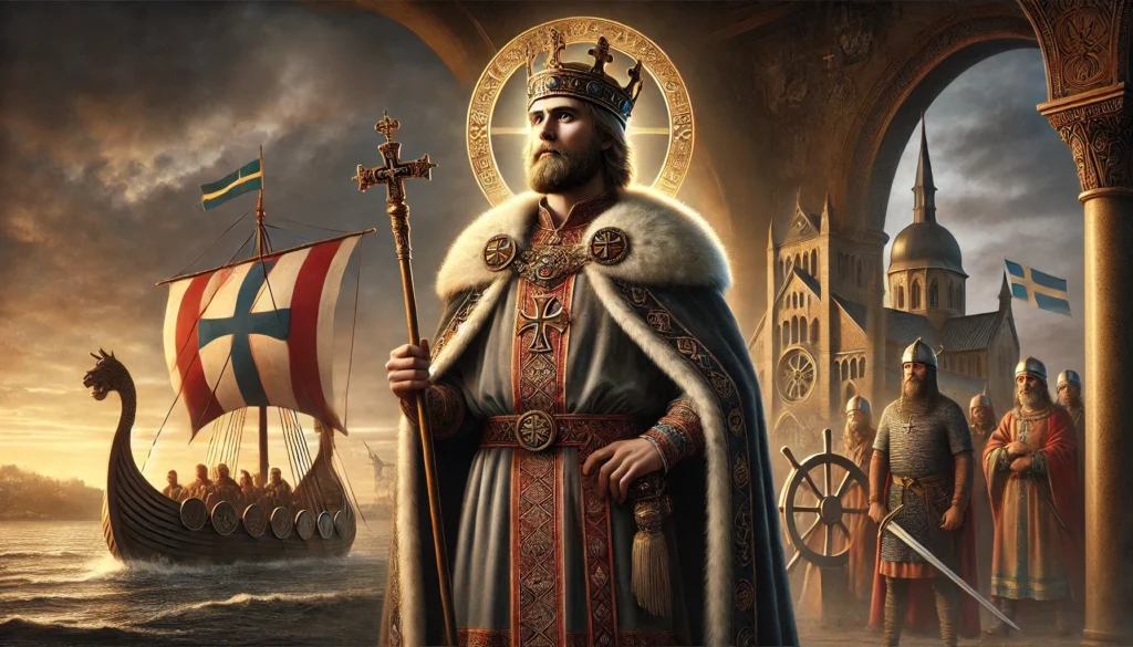 Olof Skötkonung, Sveriges första kristna kung. Bilden visar hans kungliga majestät med kopplingar till både vikingatiden och kristendomens införande, tillsammans med ikoniska element som Vikingaskepp och Husaby kyrka i bakgrunden.