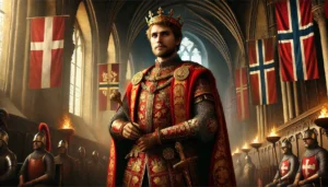 målning av Kristian I (1450–1481) i en storslagen medeltida sal. Han bär en kunglig krona och en rikt dekorerad mantel, medan han håller sitt kungliga spira. Bakom honom hänger Danmarks, Norges och Sveriges banér, symboliserande hans styre över Kalmarunionen.