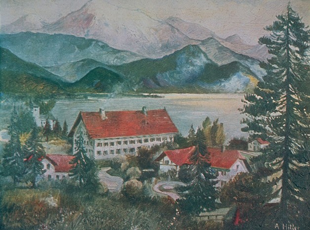 Akvarellmålning av den tyske diktatorn Adolf Hitler, tidigt 1900-tal.