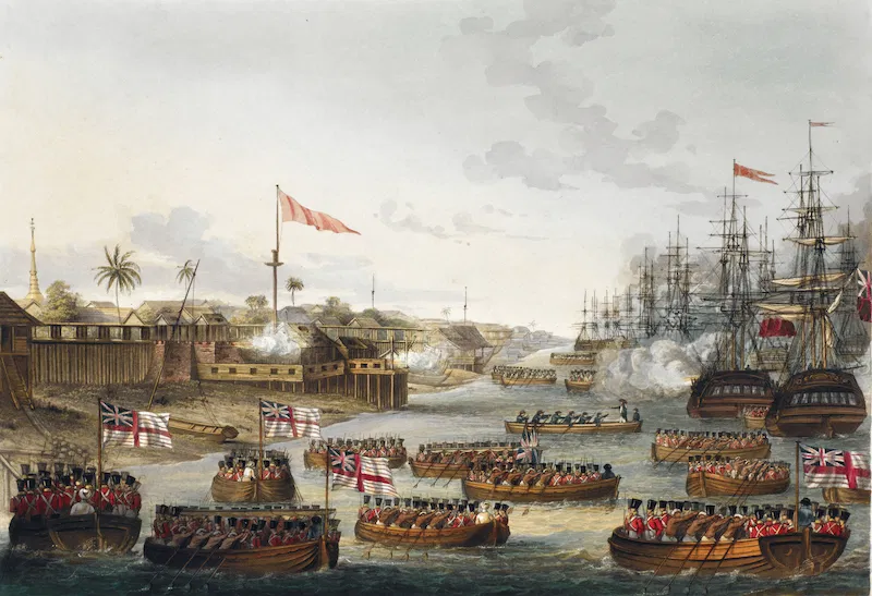 ”Vy över landstigningen i Rangoon av en del av de kombinerade styrkorna från Bengalen och Madras under befäl av Sir Archd. Campbell KCB den 11 maj 1824”, från Eighteen views taken at and near Rangoon, 1825. 