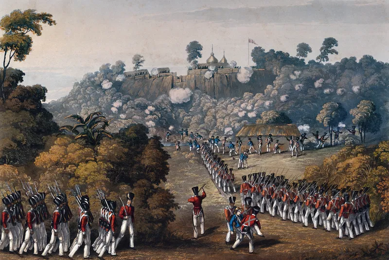 ”Vy över landstigningen i Rangoon av en del av de kombinerade styrkorna från Bengalen och Madras under befäl av Sir Archd. Campbell KCB den 11 maj 1824”, från Eighteen views taken at and near Rangoon, 1825. 