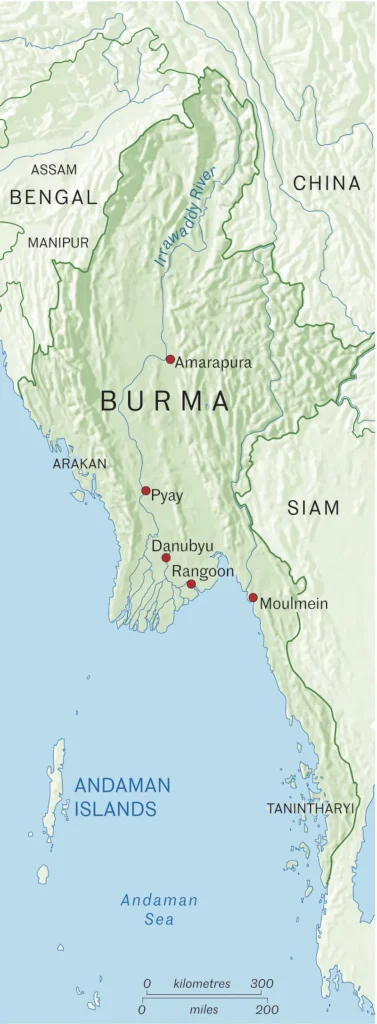 En karta over Myanmar forsta anglo burmesiska kriget