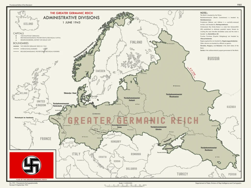 Gränserna för det planerade Stortyska riket efter andra världskriget