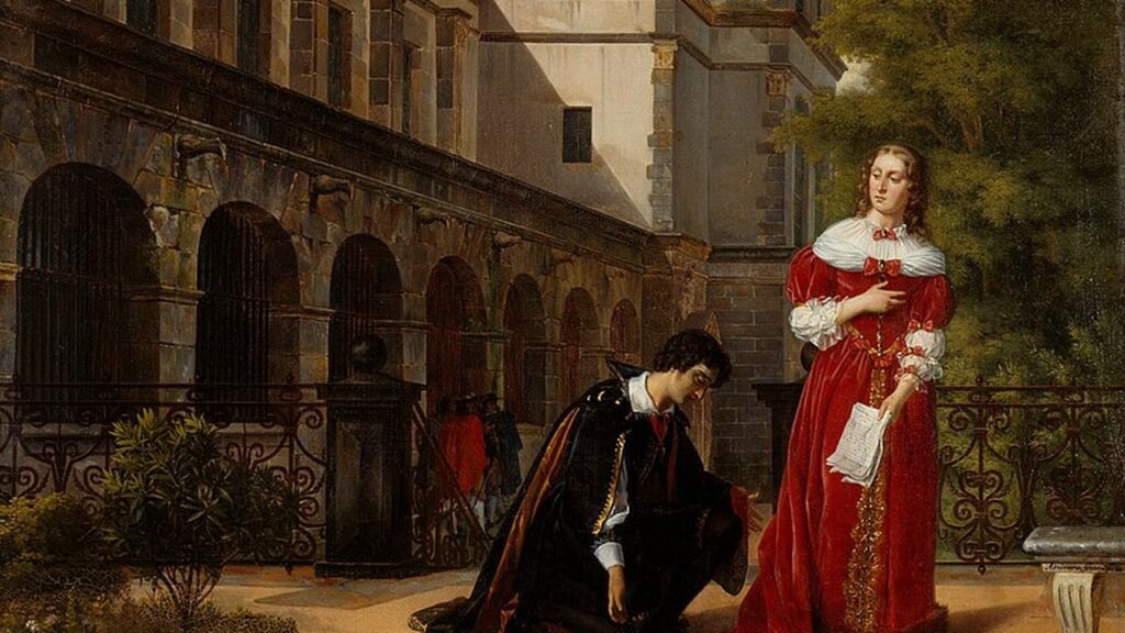 Vy över en del av slottet i Fontainebleau. Kristina, drottning av Sverige, låter sin hovmästare Monaldeschi mördas av Adrienne Grandpierre. 