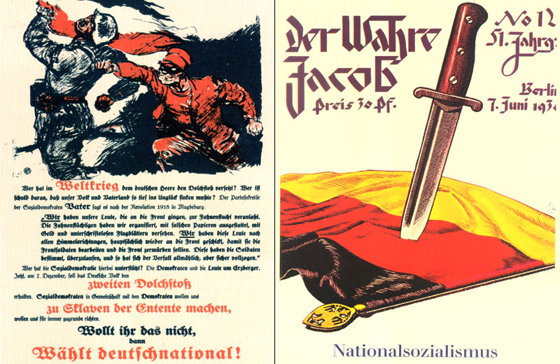 Valaffisch från Tyska folkpartiet, 7 december 1924; den socialdemokratiska satirtidningen ”Der Wahre Jacob”, 7 juni 1930