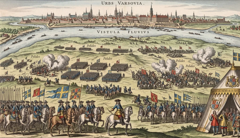 Slaget vid Warszawa, som pågick under tre dagar år 1656.
Källa: Gemini AI