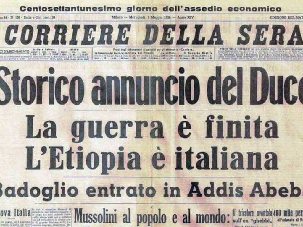 Framsidan av Corriere della Sera den 6 maj 1936 med nyheten om Italiens seger i det andra italiensk-etiopiska kriget.