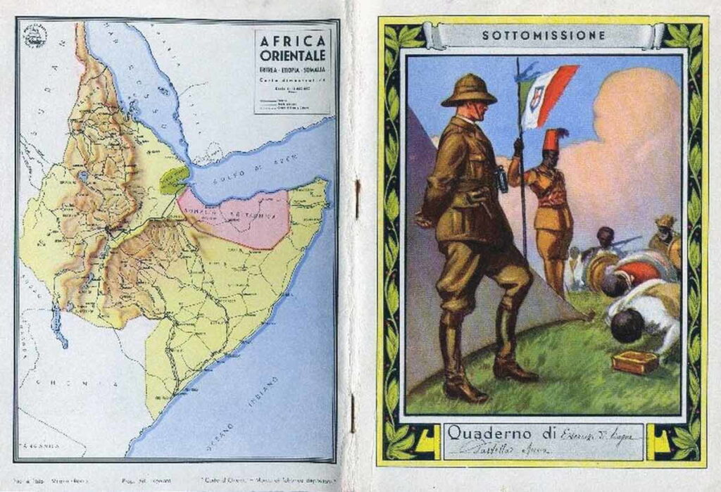 En elevs anteckningsbok med en karta över Italienska Östafrika (till vänster) och en illustration som symboliserar Italiens koloniala styre i Afrika, mitten av 1930-talet.