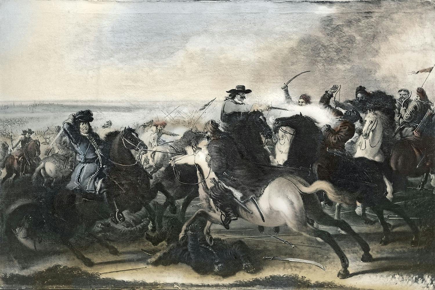 Kung Karl X Gustav, avbildad till vänster, under slaget vid Warszawa år 1656. © Nationalmuseum