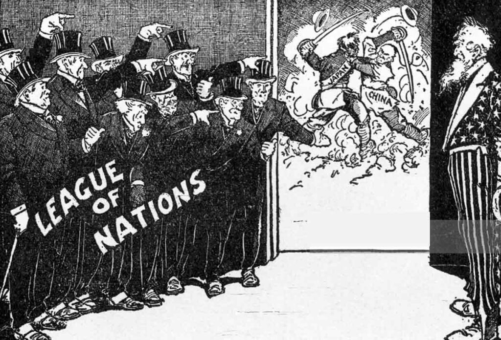 En politisk karikatyr som hänvisar till Nationernas förbund och konflikten mellan Kina och Japan.