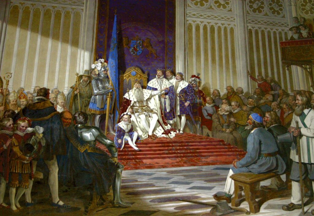 Maktkampen mellan sönerna efter Gustav Vasas död blev en farlig tid för adeln. Sönerna Johan, Karl och Erik till höger om den åldrande kungen.