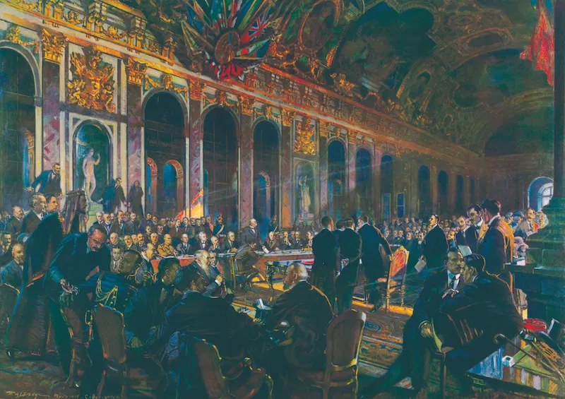 Undertecknandet av fredsfördraget i Versailles den 28 juni 1919, av William de Leftwich Dodge, 1920. Library of Congress.