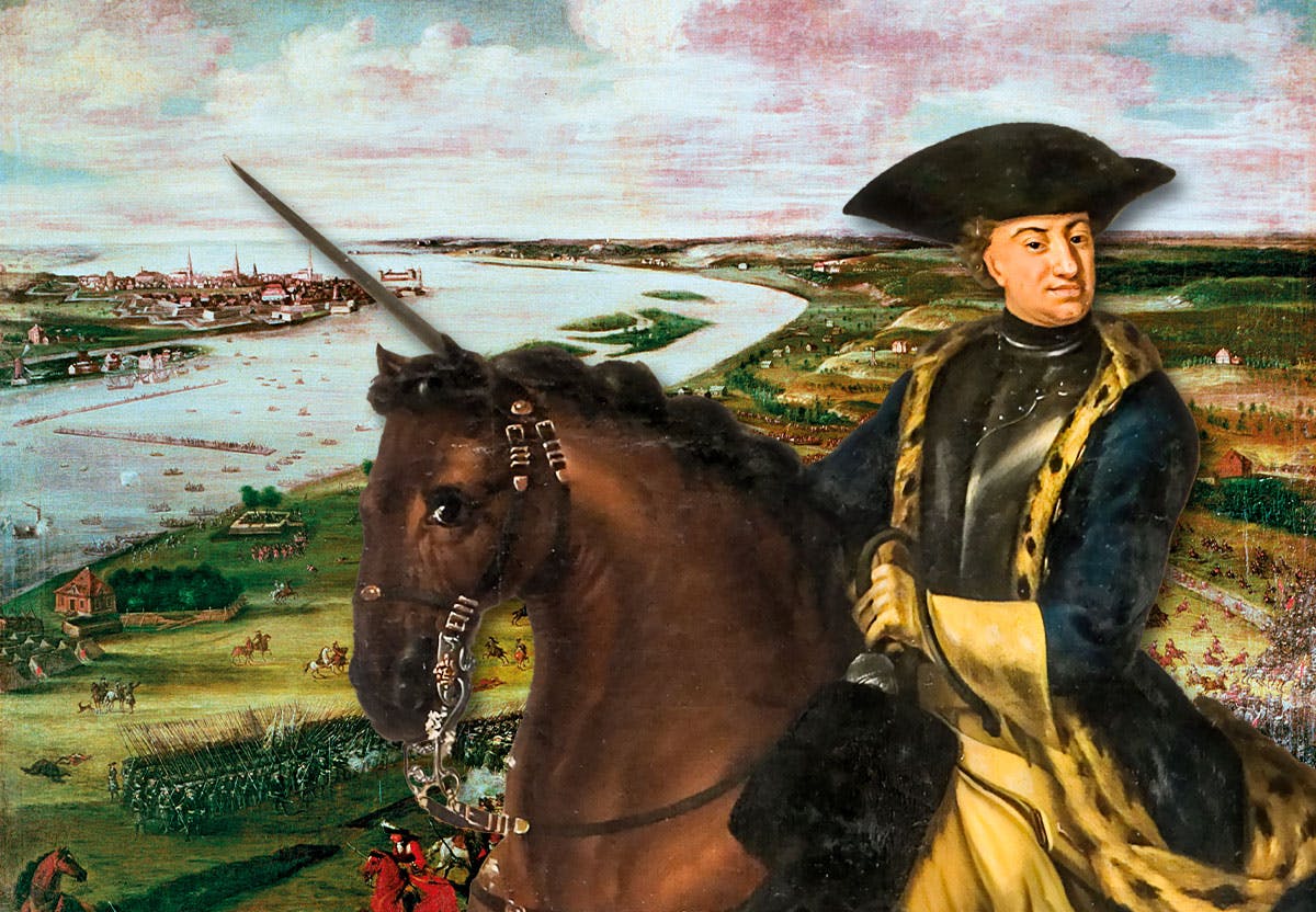 Karl XII (1682–1718) tillbringade hela sitt liv i fält. Montage. Ryttarbild: Anders Johansson von Cöln. Bakgrund: "Övergången av Düna 1701". Målning av Daniel Andersson Stawert.