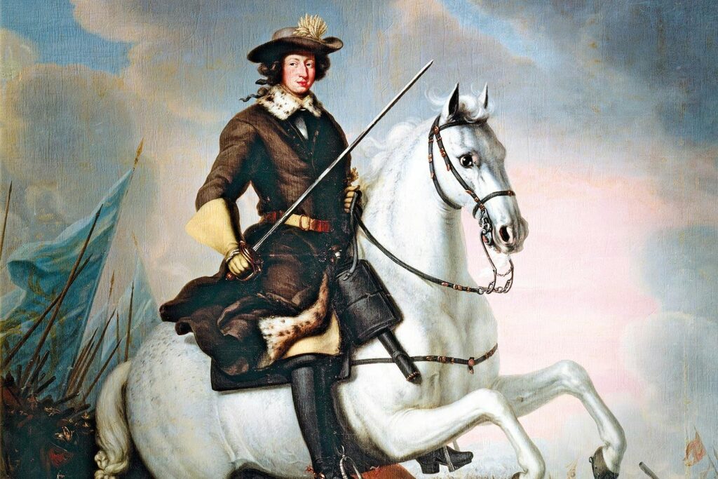 Karl XI på hästen Brilliant under slaget vid Lund 1676.