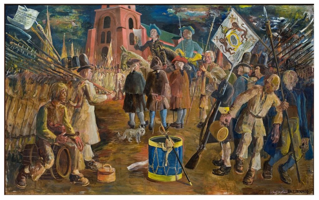 Stora daldansen 1743: Böndernas vrede riktas mot Stockholm.. Source: DigitaltMuseum / Den Stora Daldansen [Temperamålning] -Dalarnas museum / DigitaltMuseum