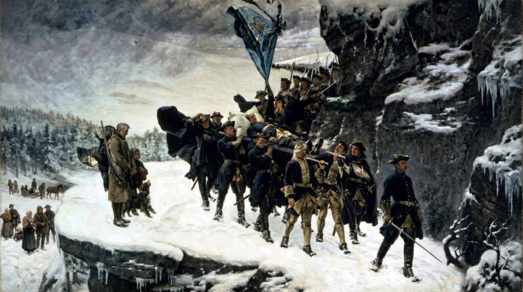 Gustaf Cederströms berömda målning "Karl XII:s likfärd" som vill visa hur kungen förs hem som en stupad hjälte av sina karoliner. Målningen har format många generationers bild av Karl XII trots att motivet är påhittat: Karl XII bars aldrig hem på en öppen bår. Men det är inte som sanningsvittne målningen har sitt värde, utan som en kraftfull iscensättning av ett nationellt drama.