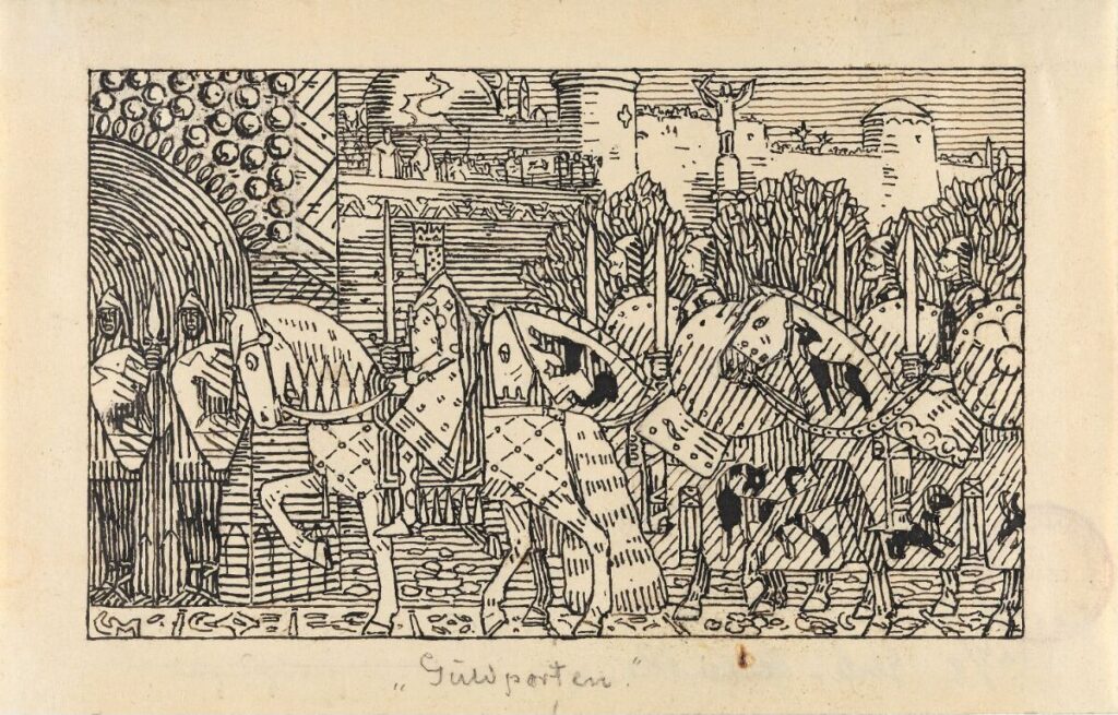 Gerhard Munthe, Guldporten (1895–1899). Tuschteckning på papper, 115 × 179 mm. Illustration till Snorre Sturlasons Kongesagaer (1899). Tillhör Nasjonalmuseet, Oslo (Inv.nr: NG.K&H.B.07089).