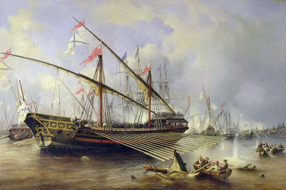 Ferdinand Victor Perrots målning av en större rysk galär vid slaget i Föglöfjärden 1720. Målningen utfördes i början av 1800-talet. Marinmuseum i Sankt Petersburg.