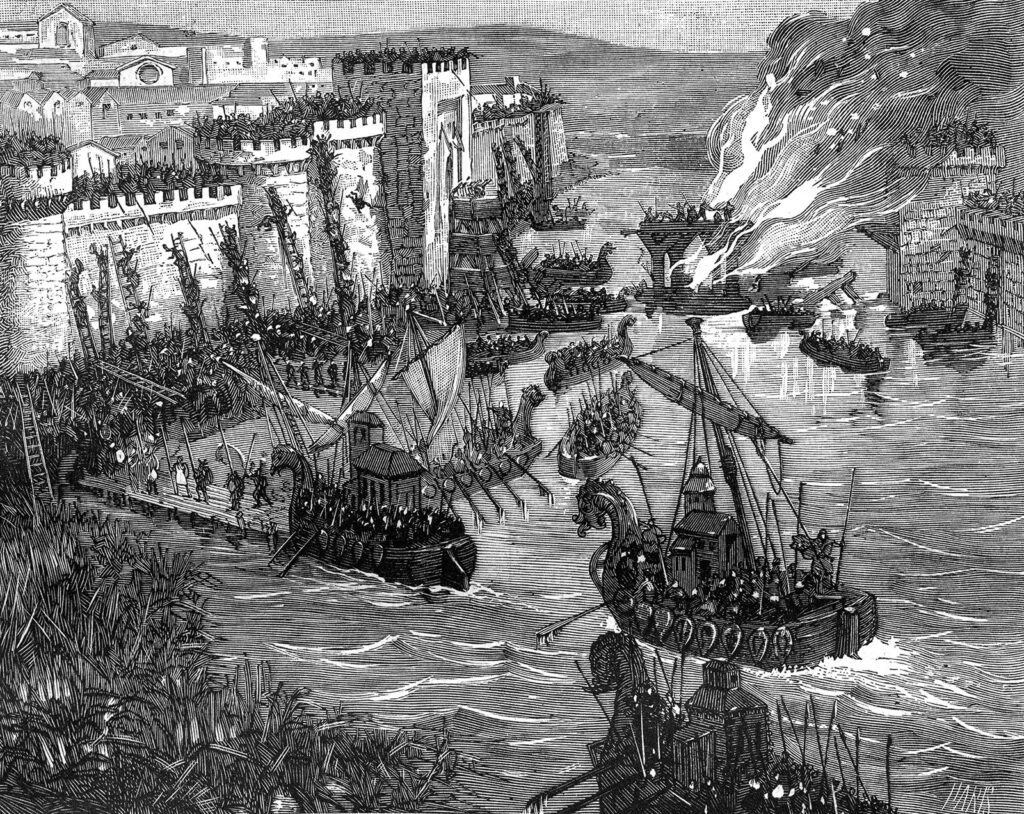 Vikingarnas belägring av Paris: Vikingatacken mot Paris, 885; tryck från F. Roy, red., *La France et les Français à travers les siècles*, vol. 1 (1882–1884). © The Print Collector—Hulton Archive