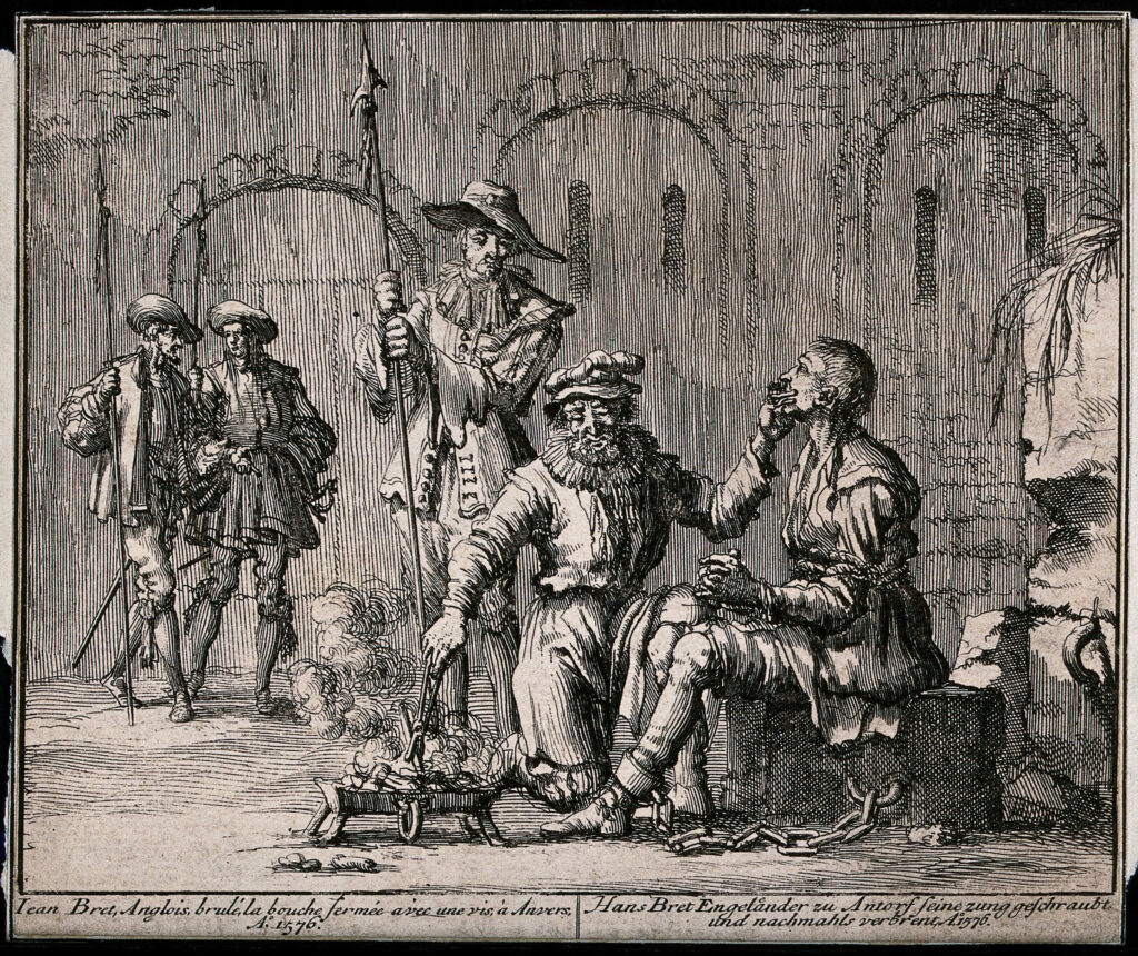 Tortyren av Hans Bret, en engelsman som tillfångatogs i Antwerpen år 1576. Illustrationen visar Bret kedjad vid en sten där hans tunga avlägsnas med en het tång. Han brändes senare på bål. (Foto av: Bildagentur-online/Universal Images Group)