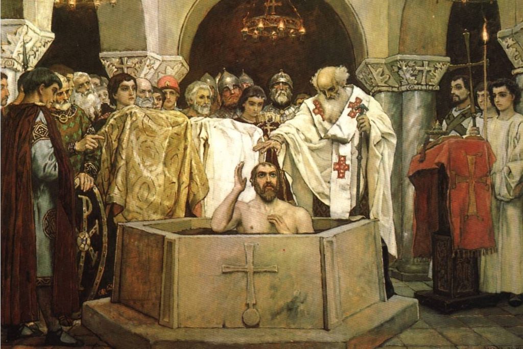 En detalj från "Mopo av den helige storfursten Vladimir" (1890), en freskskiss för Sankt Volodymyr-katedralen i Kiev, Ukraina. Källa: Viktor Vasnetsov (1848–1926)